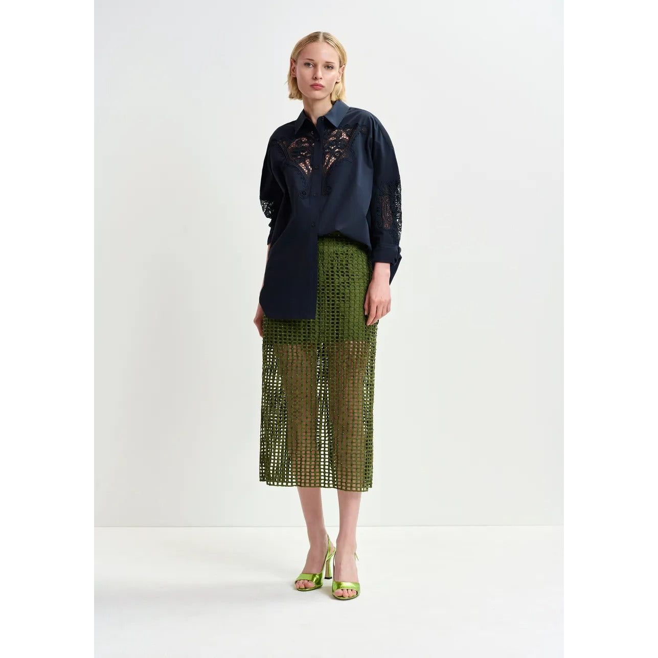 Beige Khaki mesh skirt with bead embellishments