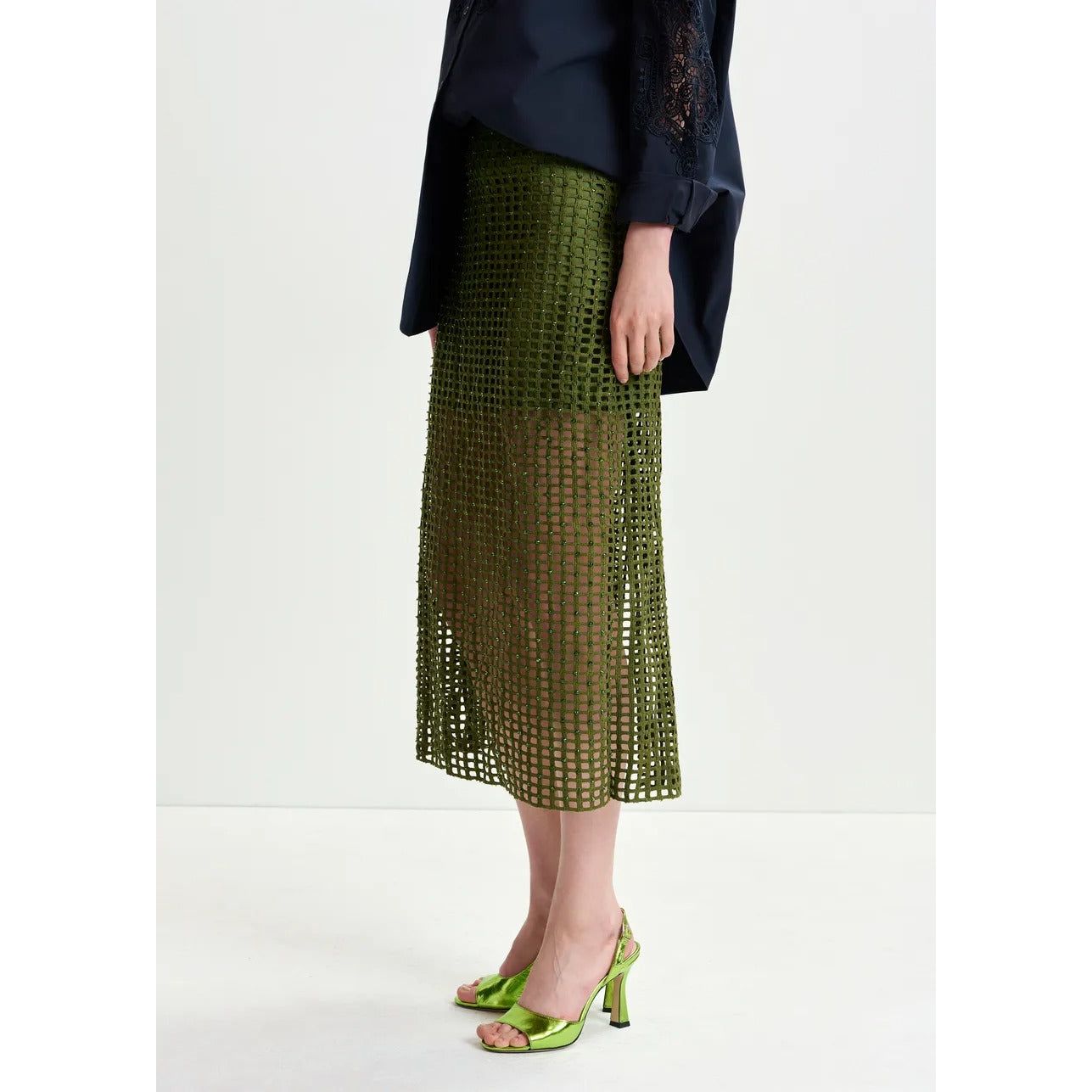 Dark Slate Gray Khaki mesh skirt with bead embellishments