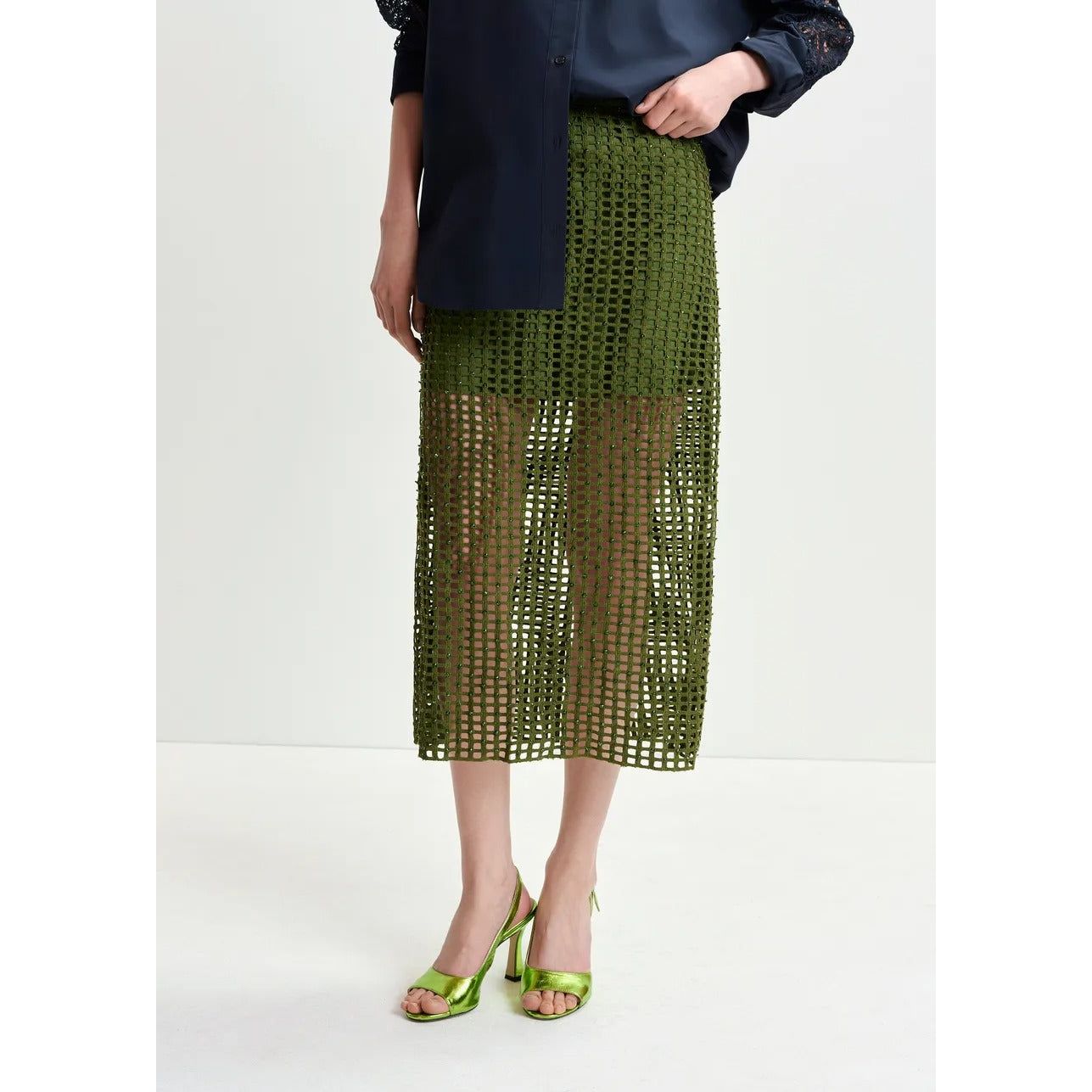 Dark Slate Gray Khaki mesh skirt with bead embellishments