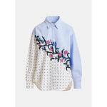 Lavender Cotton shirt with sequin flowers and polka dot contrast