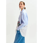 Lavender Cotton shirt with sequin flowers and polka dot contrast