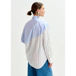 Lavender Cotton shirt with sequin flowers and polka dot contrast