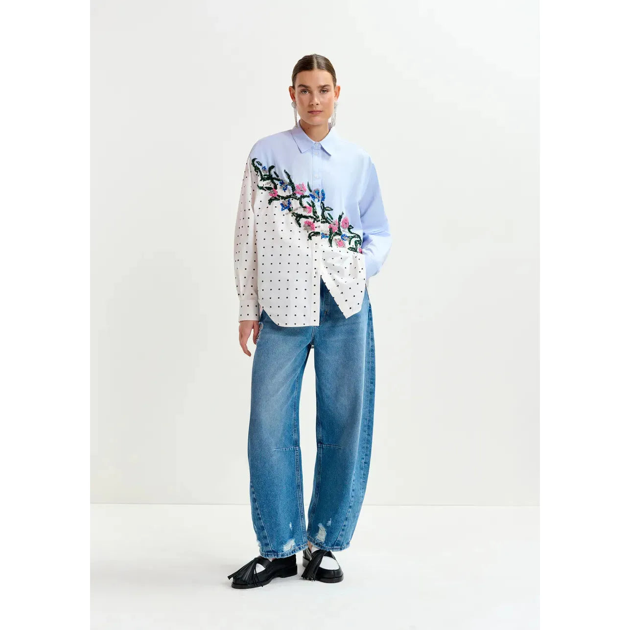 Lavender Cotton shirt with sequin flowers and polka dot contrast