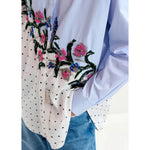 Gray Cotton shirt with sequin flowers and polka dot contrast