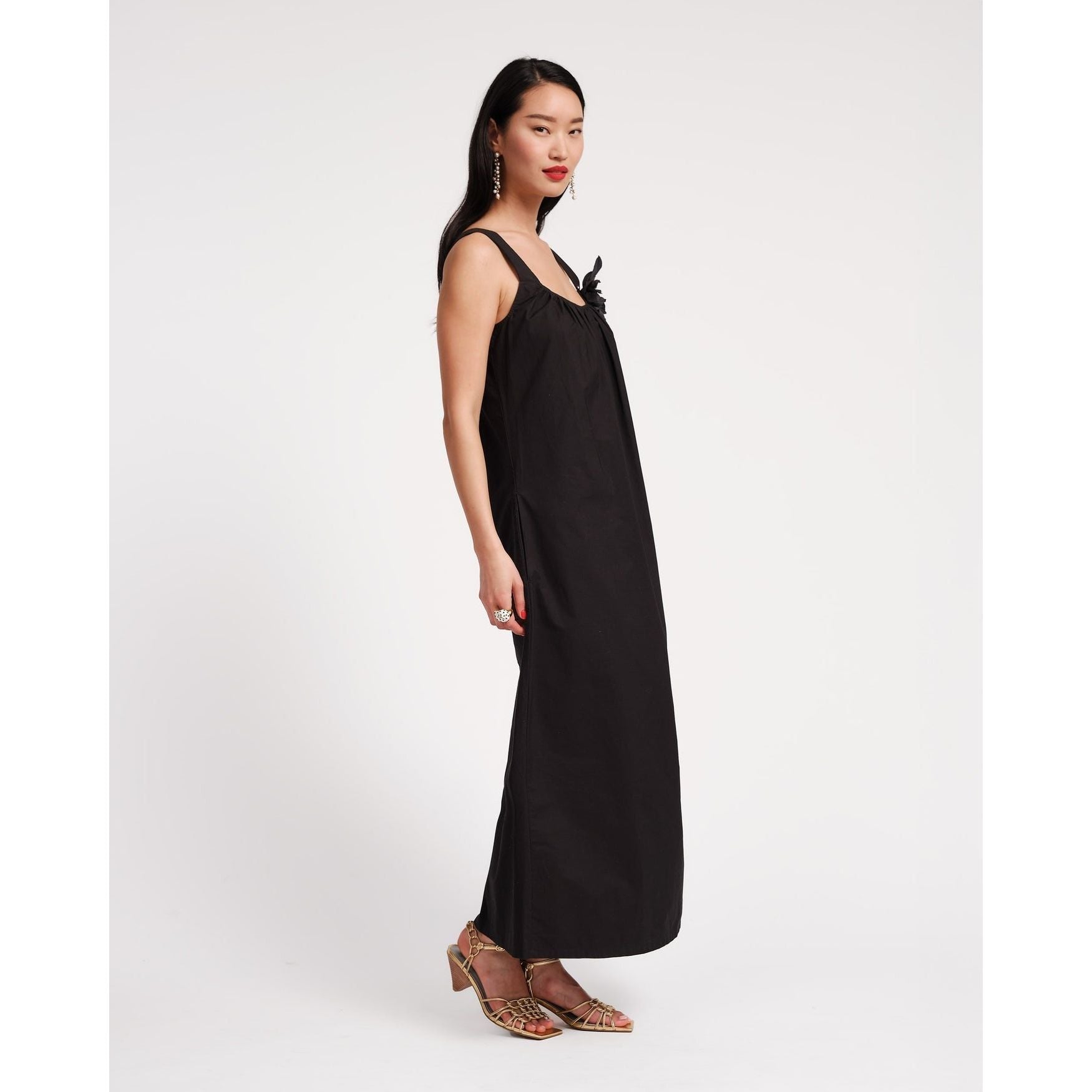 Beige Lynda Maxi Dress Solid Poplin Cotton Poplin Black