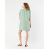 Beige Elbow-Sleeve Frill Dress Green/White Small Bengal Stripe Stretch Seersucker