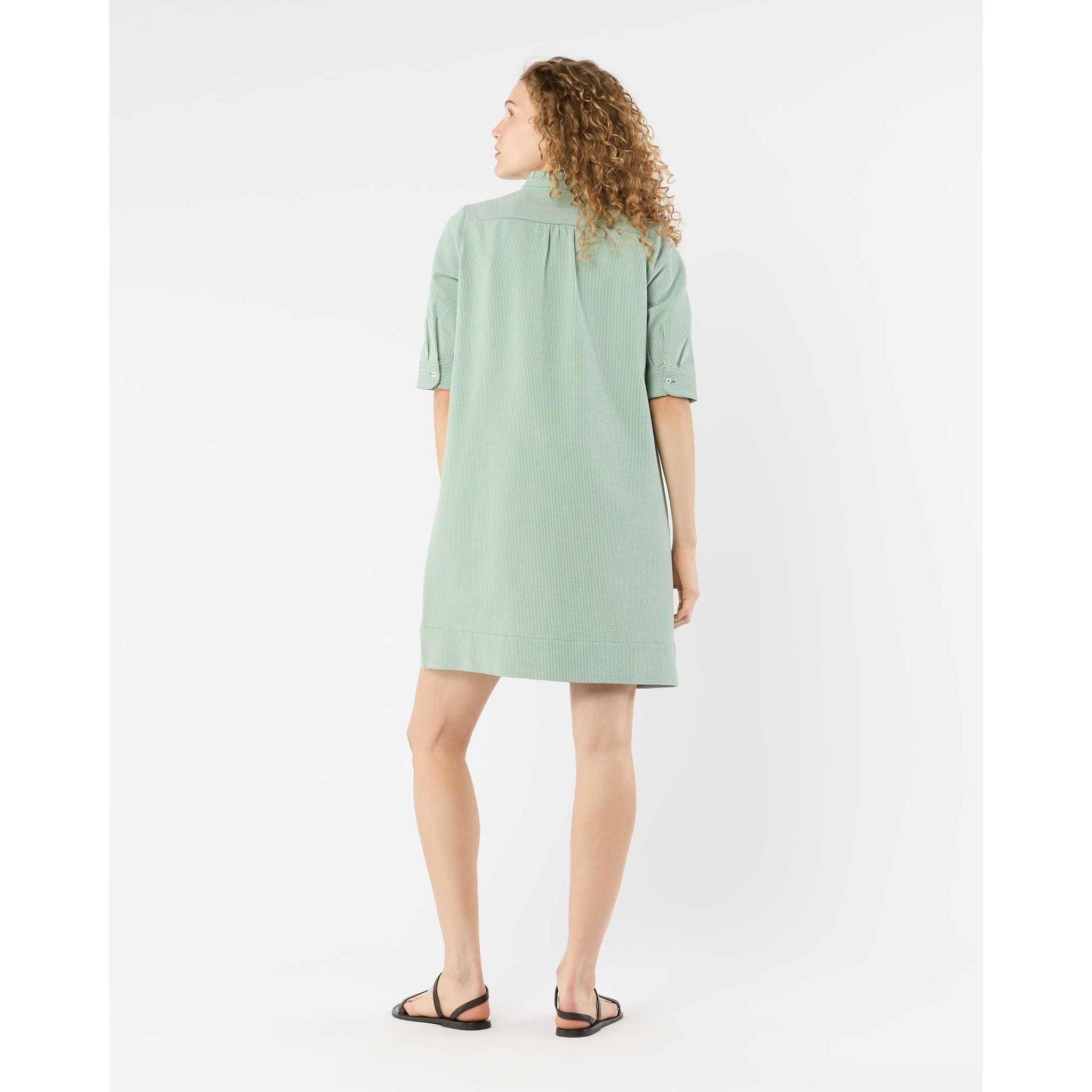 Beige Elbow-Sleeve Frill Dress Green/White Small Bengal Stripe Stretch Seersucker