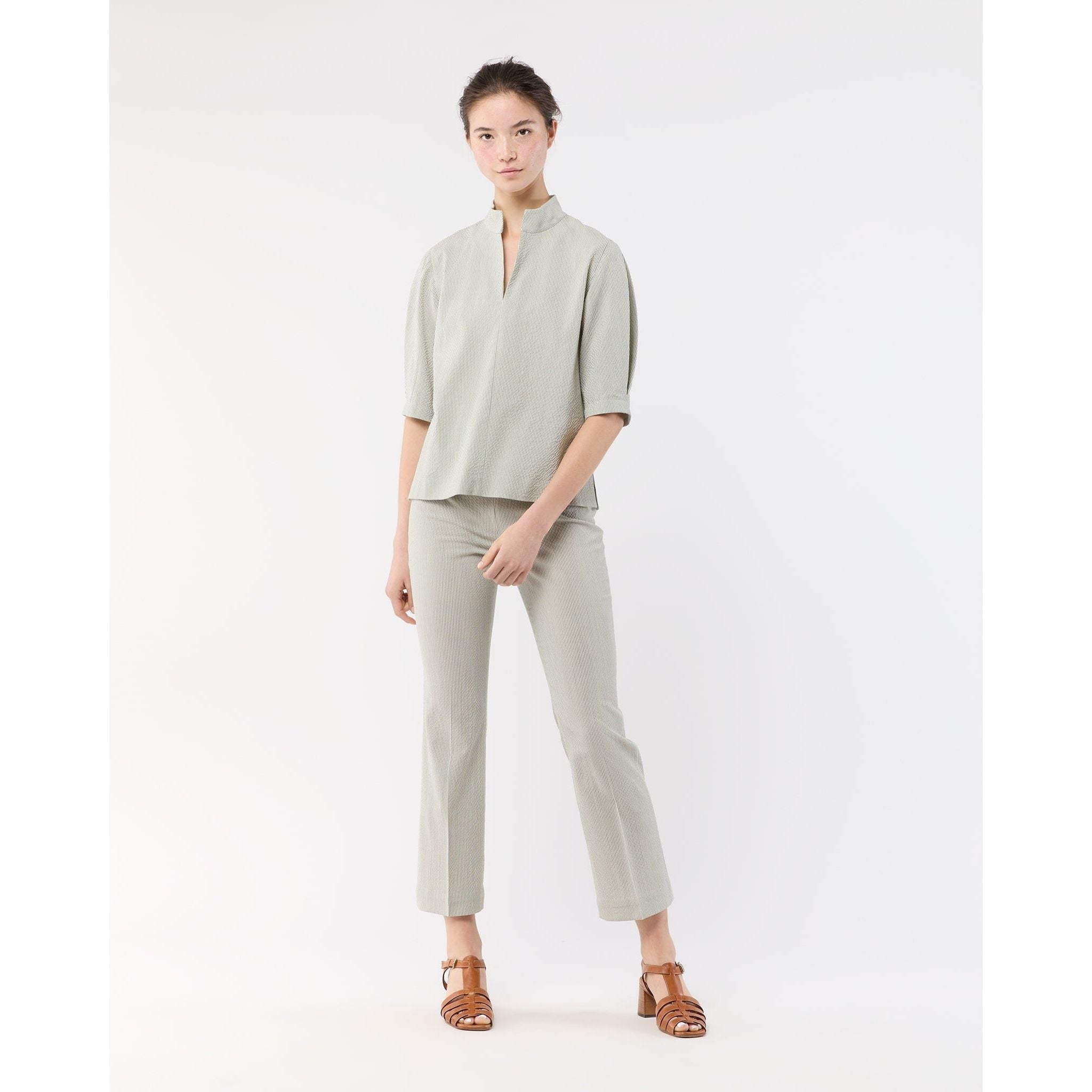Lavender Violetta Top Olive Small Bengal Stripe Stretch Seersucker