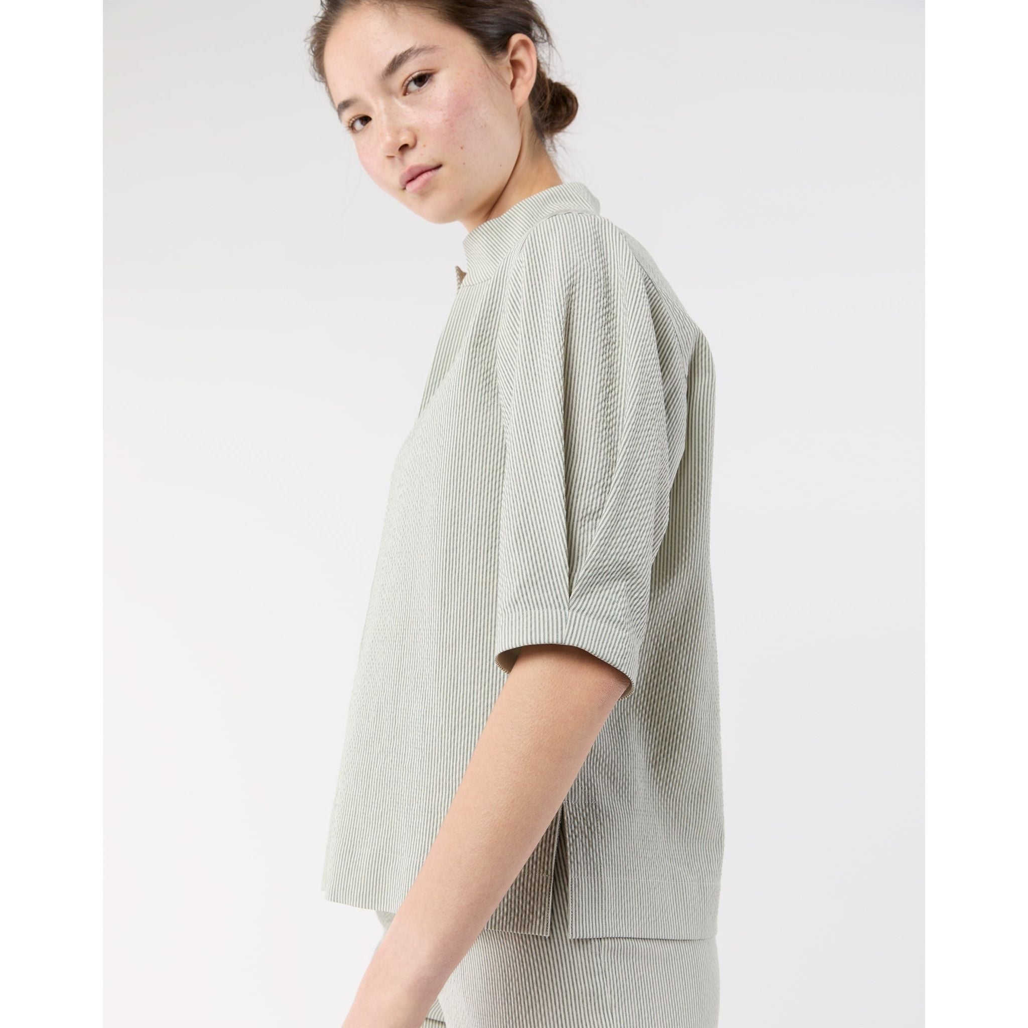 Light Gray Violetta Top Olive Small Bengal Stripe Stretch Seersucker