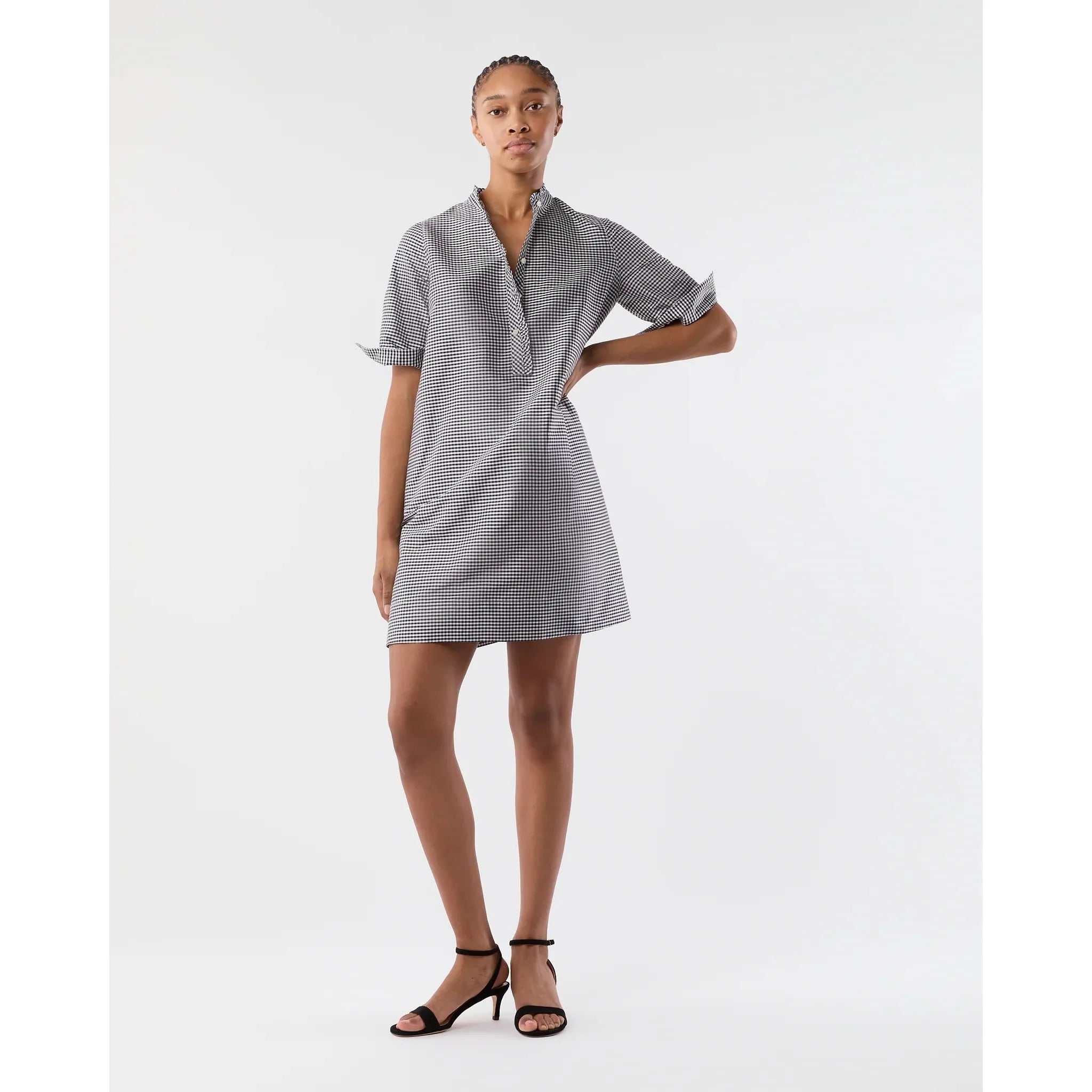 Lavender Elbow Sleeve Frill Dress Navy/Ivory Small Gingham Silk Shantung