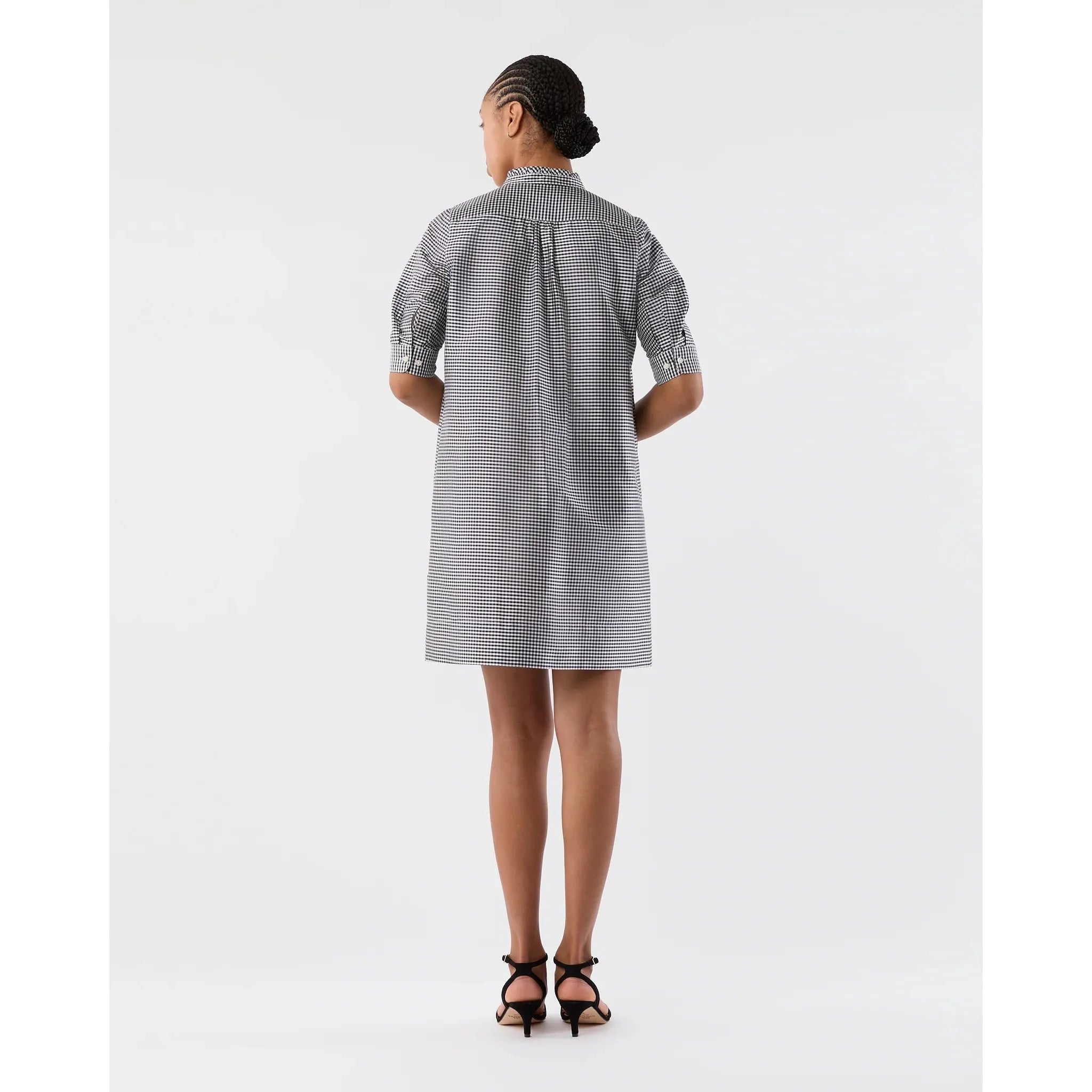 Lavender Elbow Sleeve Frill Dress Navy/Ivory Small Gingham Silk Shantung