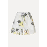 White Smoke Scalloped Elasticated Waistband Shorts - Wild Flowers Embroidery