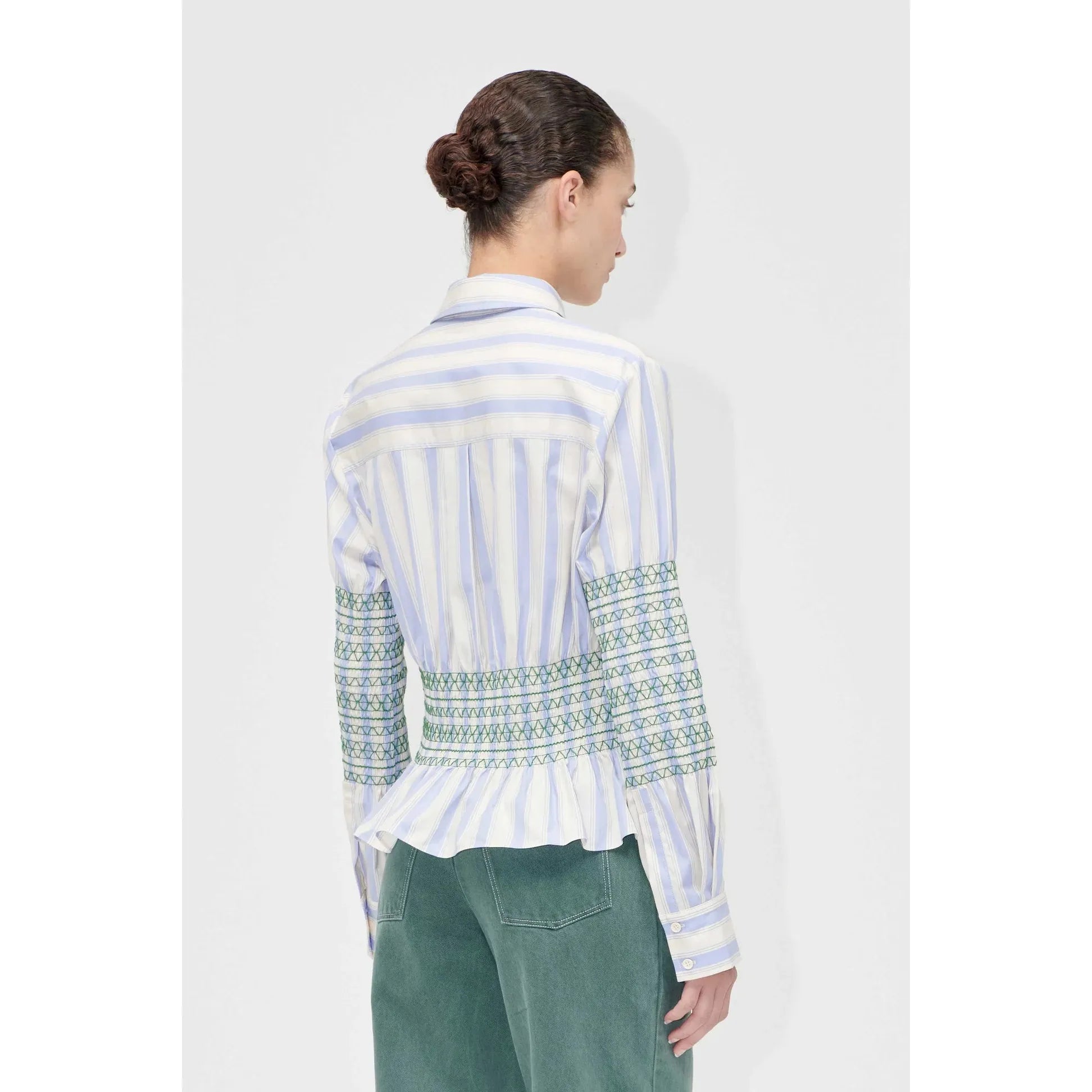 Lavender Smocked Gathered Boyfriend Shirt - Pastel Stripes