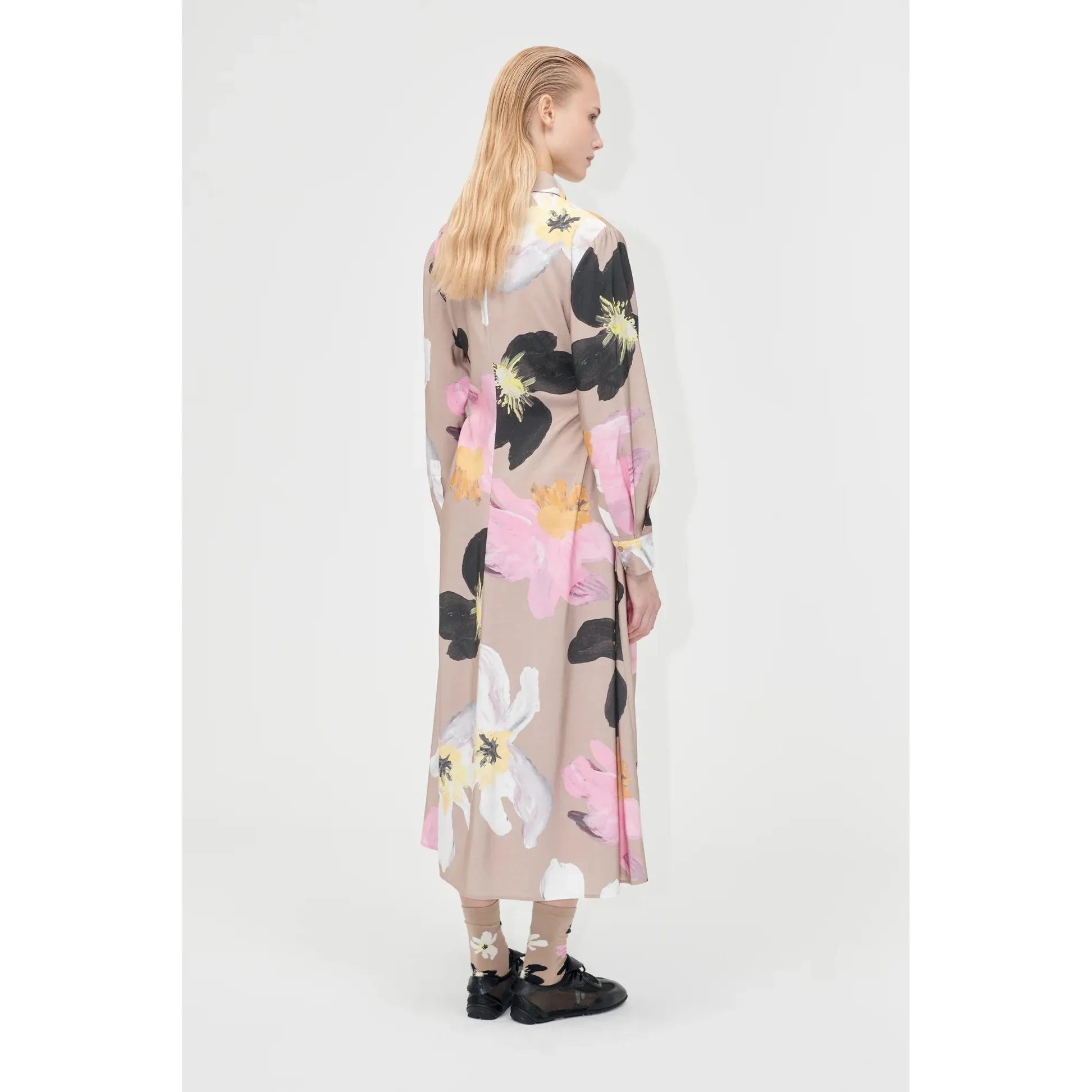 Antique White Waist Gather Shirt Midi Dress - Wild Flowers