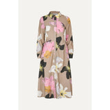 Beige Waist Gather Shirt Midi Dress - Wild Flowers