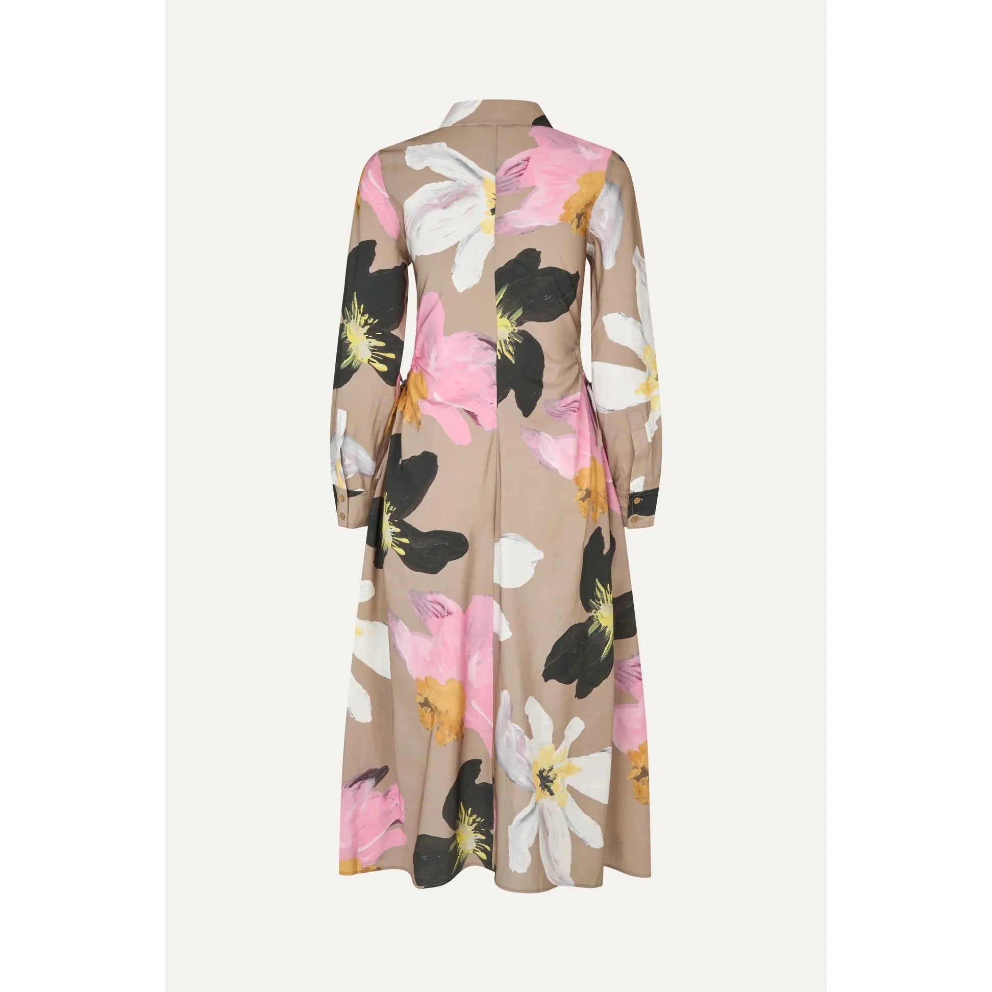 Beige Waist Gather Shirt Midi Dress - Wild Flowers