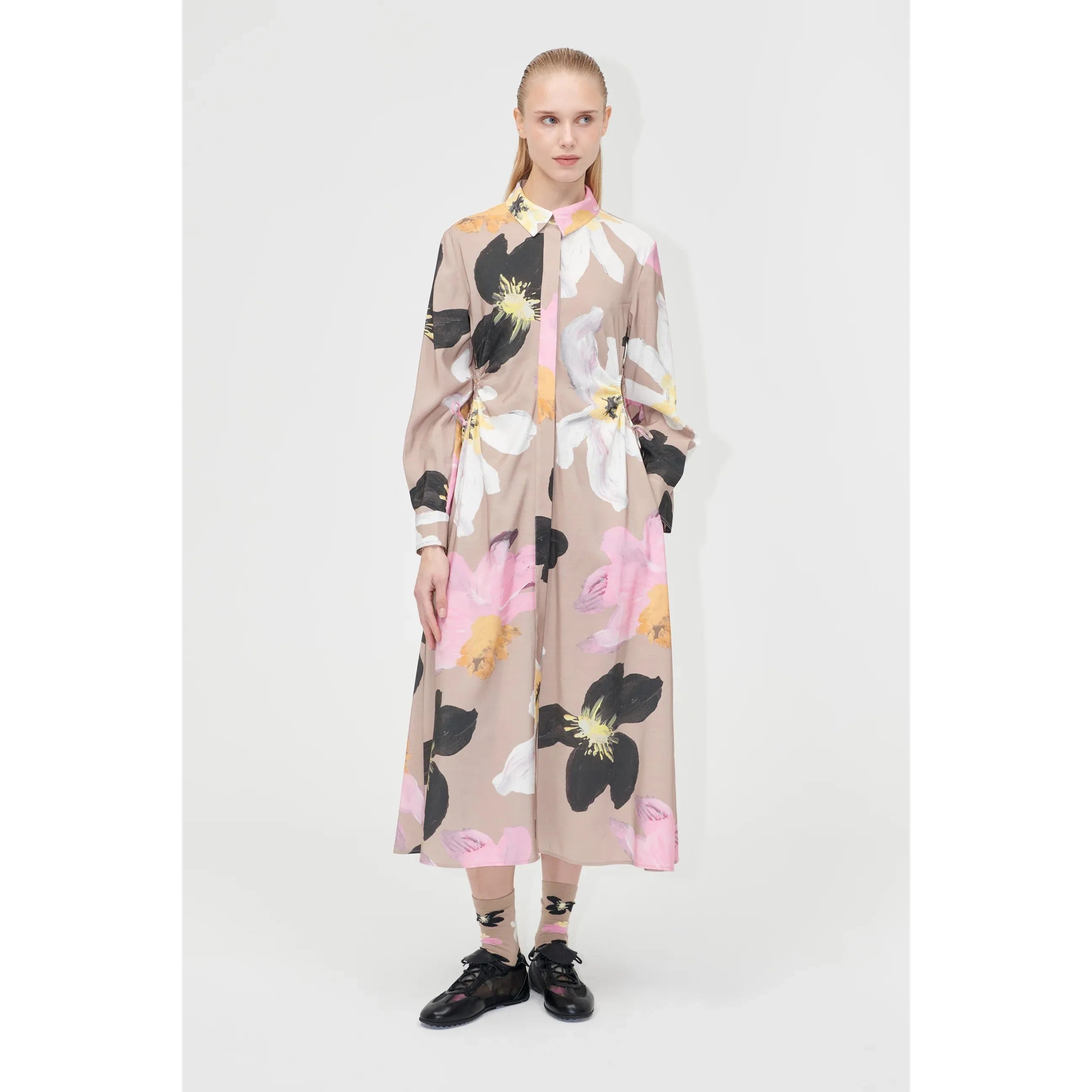 Antique White Waist Gather Shirt Midi Dress - Wild Flowers