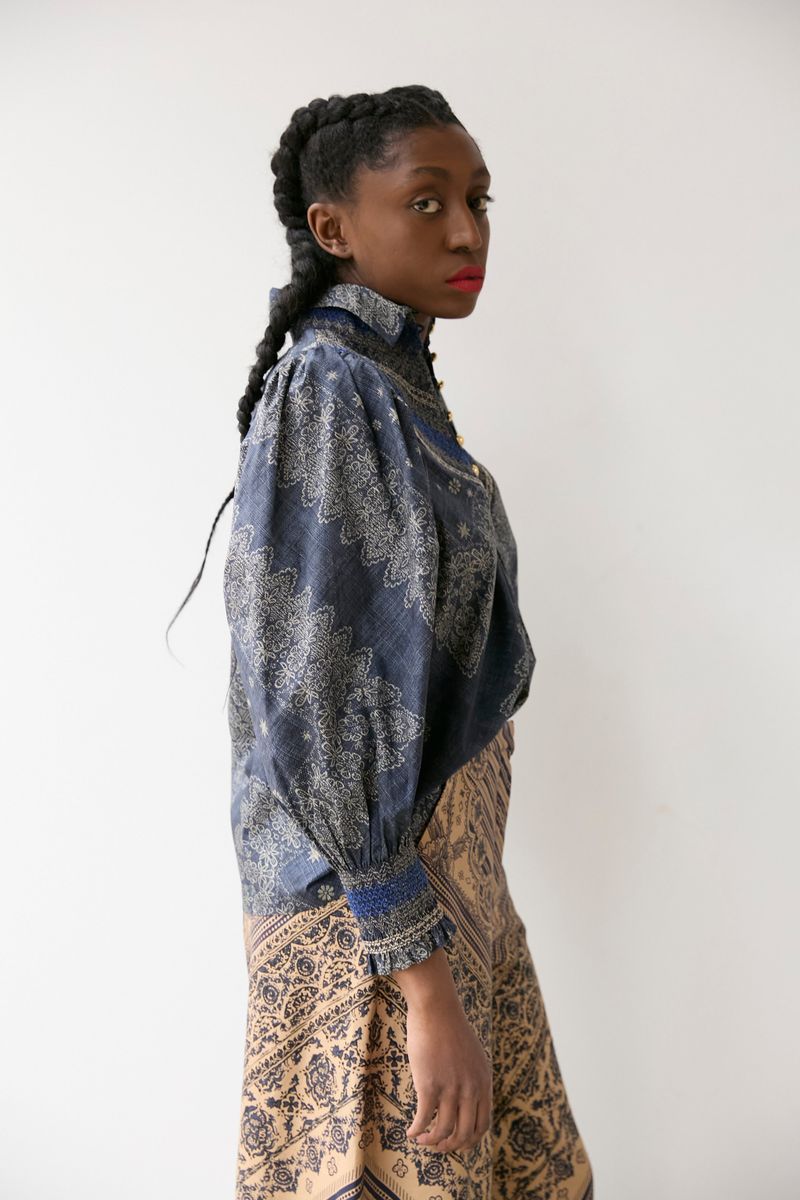 Smocked Shirt Indigo Bandana Hope for Flowers by Tracy Reece