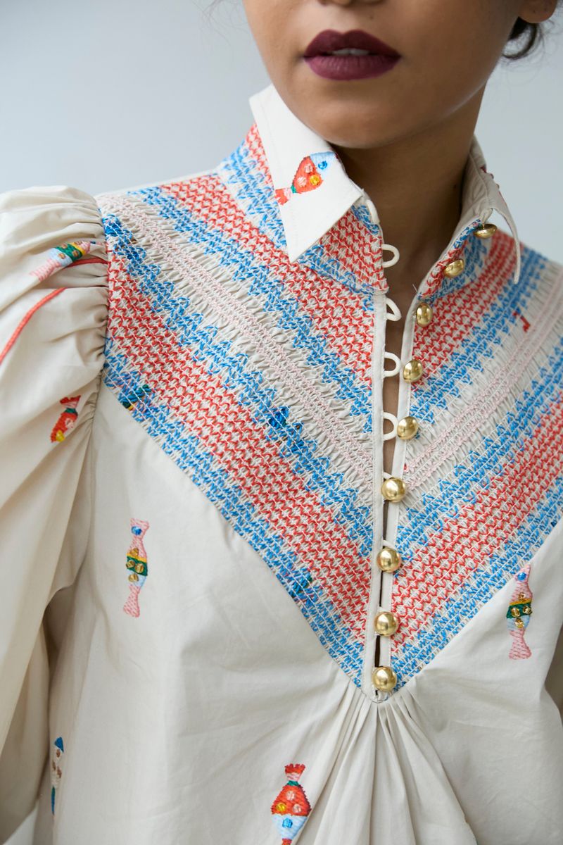 Embroidered Smocked Shirt Vanilla Multi Hope for Flowers by Tracy Reece