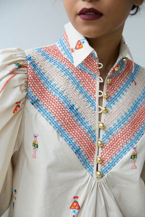 Embroidered Smocked Shirt Vanilla Multi Hope for Flowers by Tracy Reece