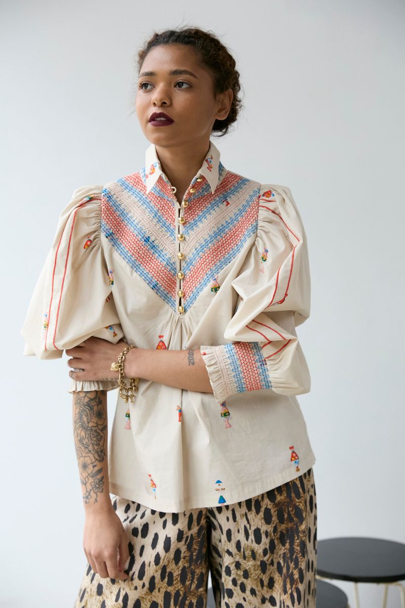 Embroidered Smocked Shirt Vanilla Multi Hope for Flowers by Tracy Reece