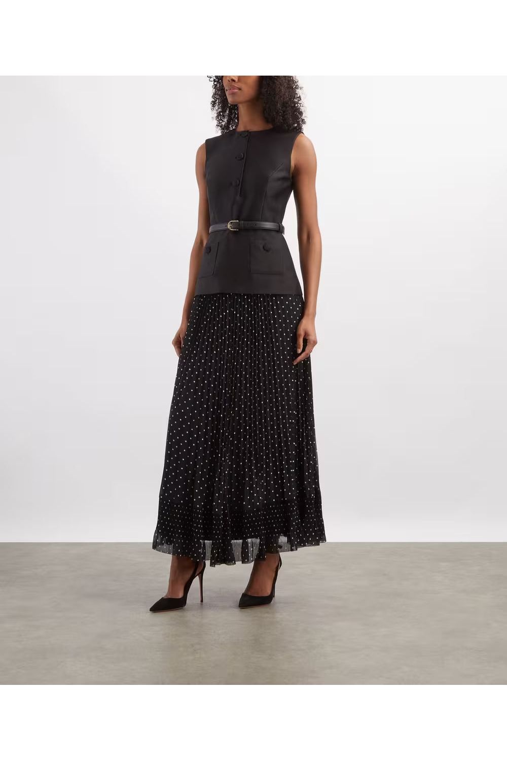 Black Taffeta Polka Dot Midi Dress SELF-PORTRAIT