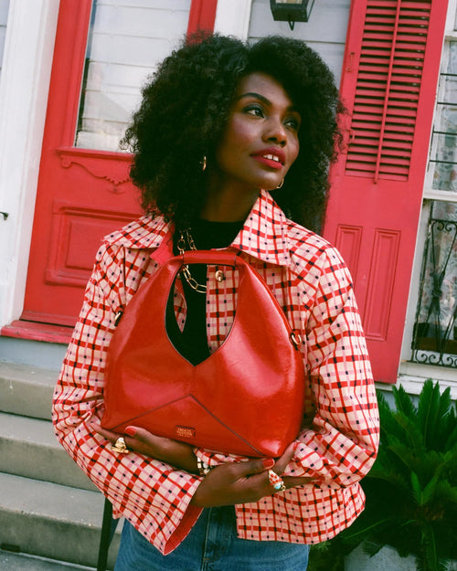 Crescent Tote Crinkled Leather Leather Red OS Frances Valentine