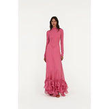 Rotate Chiffon Maxi Ruffle Dress Carmine Rose Pink