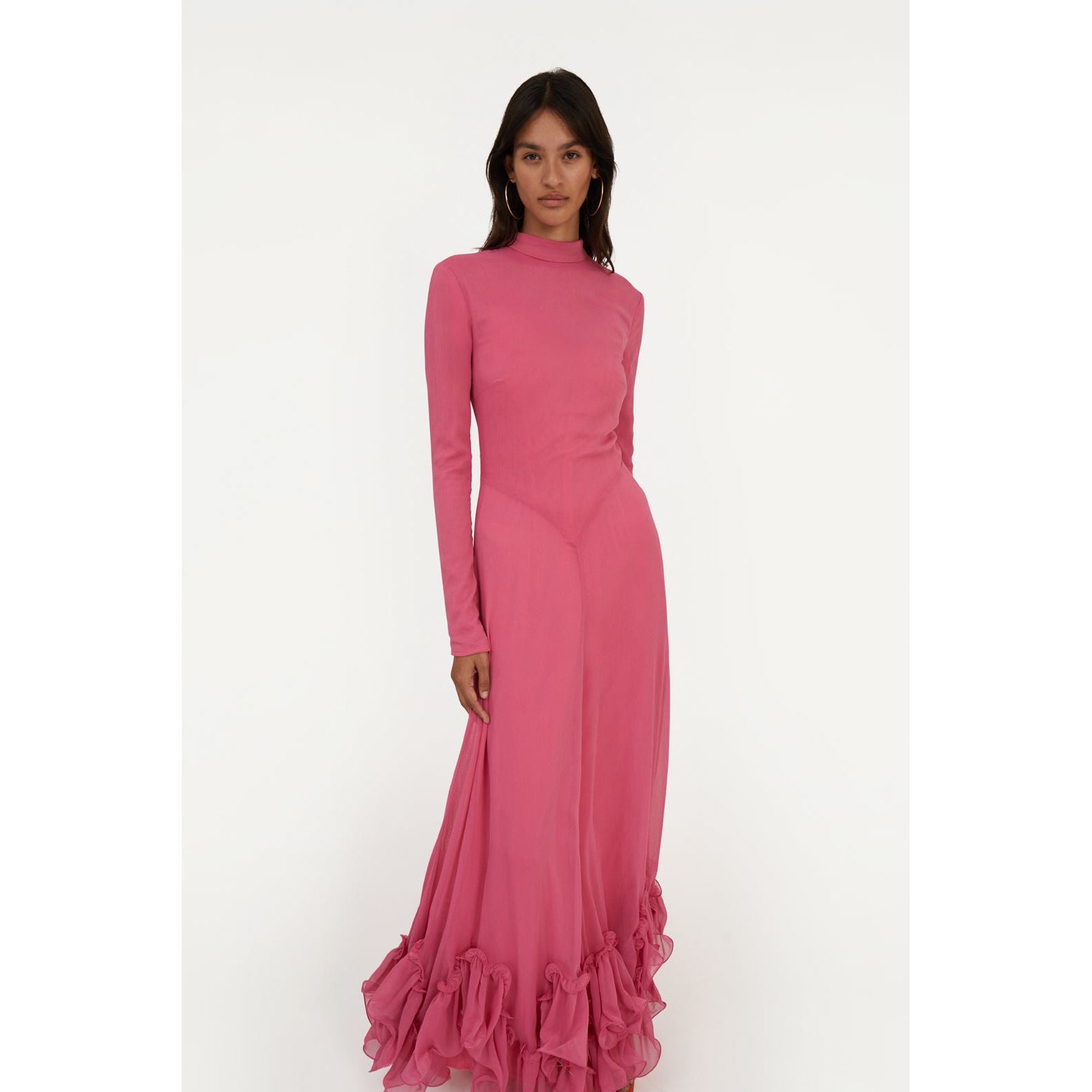 Rotate Chiffon Maxi Ruffle Dress Carmine Rose Pink