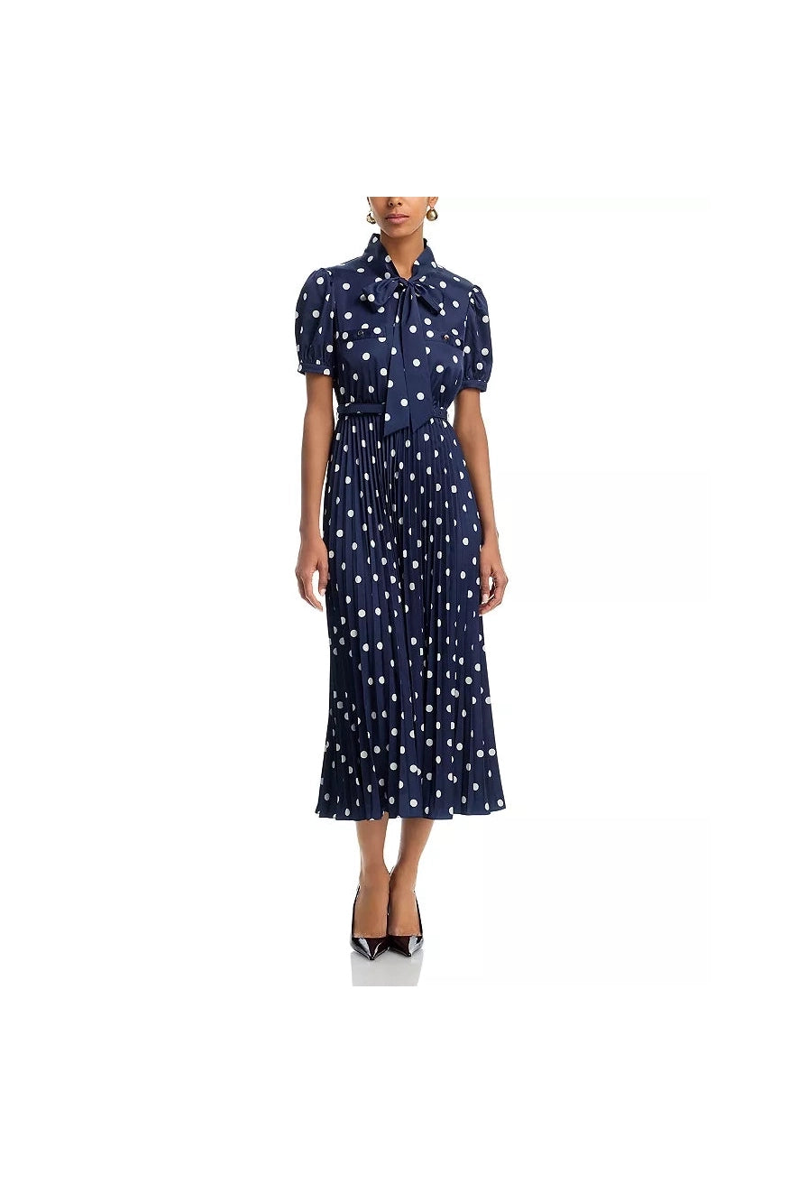 Navy Polka Dot Satin Midi Dress SELF-PORTRAIT