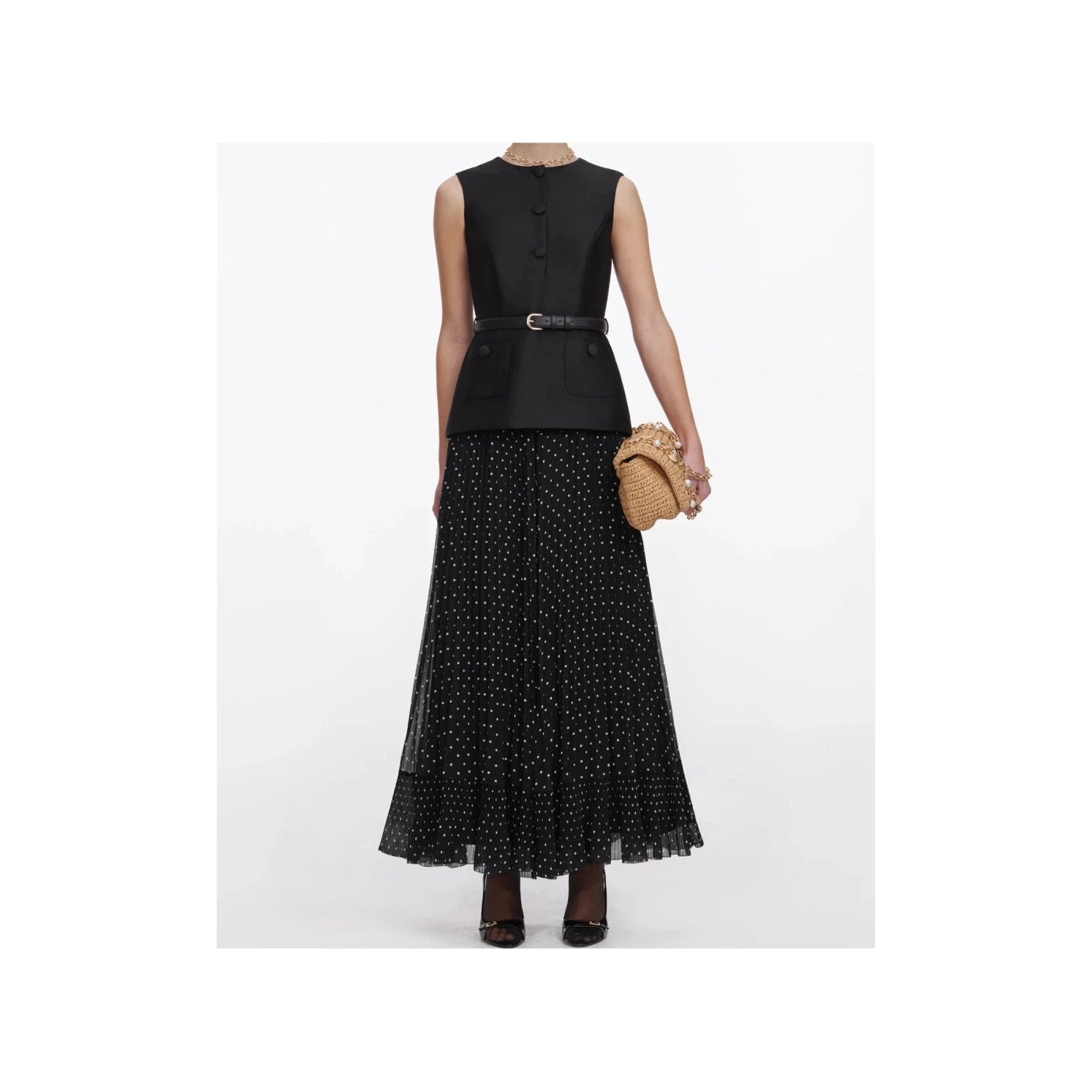 Black Taffeta Polka Dot Midi Dress SELF-PORTRAIT