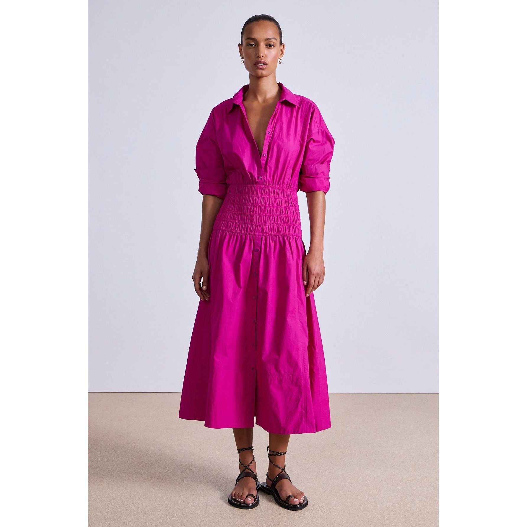 Apiece Apart Sophia Smocked Shirt Dress Fuschia