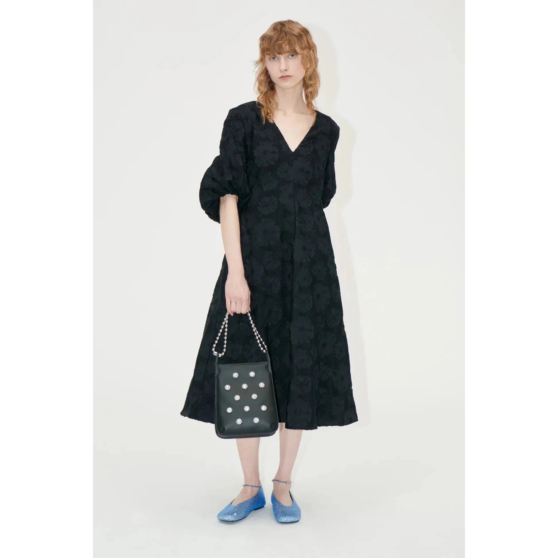3/4 Volume Sleeve Midi Dress in Anemone Jacquard - Primm's3/4 Volume Sleeve Midi Dress in Anemone JacquardStine Goya