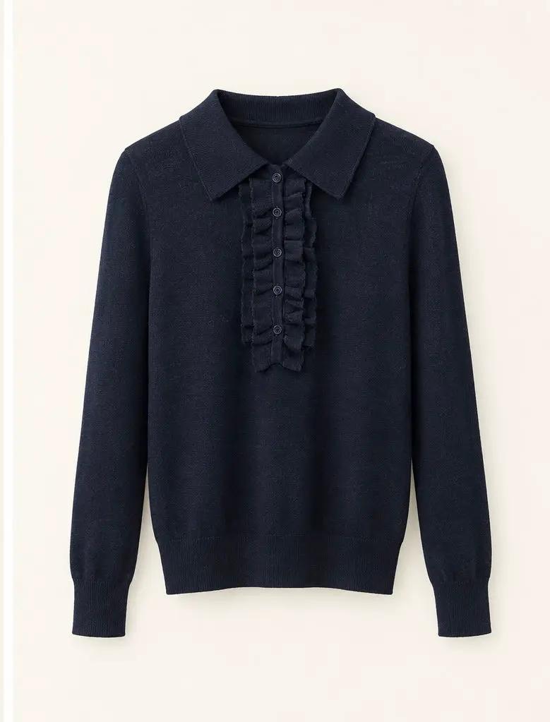 superfine merinos polo sweater with rouches
