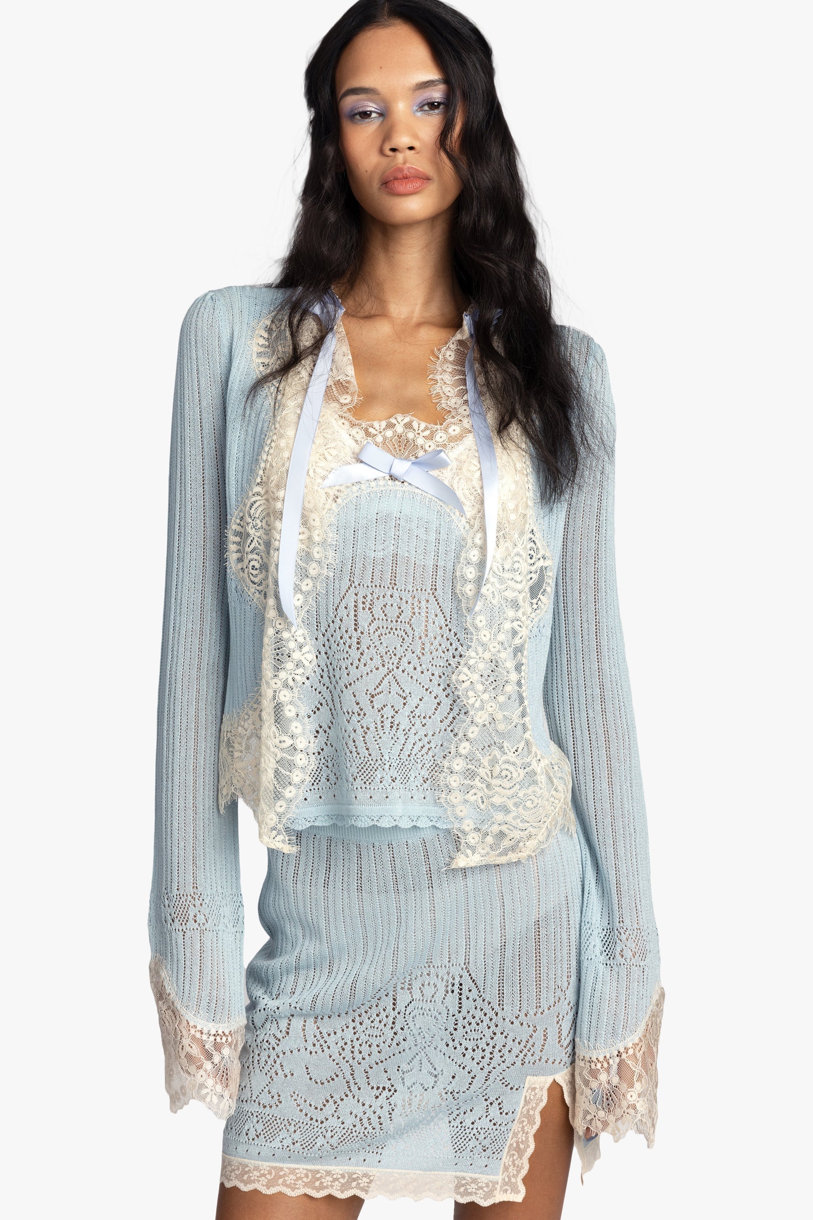 Lingerie Lace Knit Cardigan - Sky Blue Anna Sui