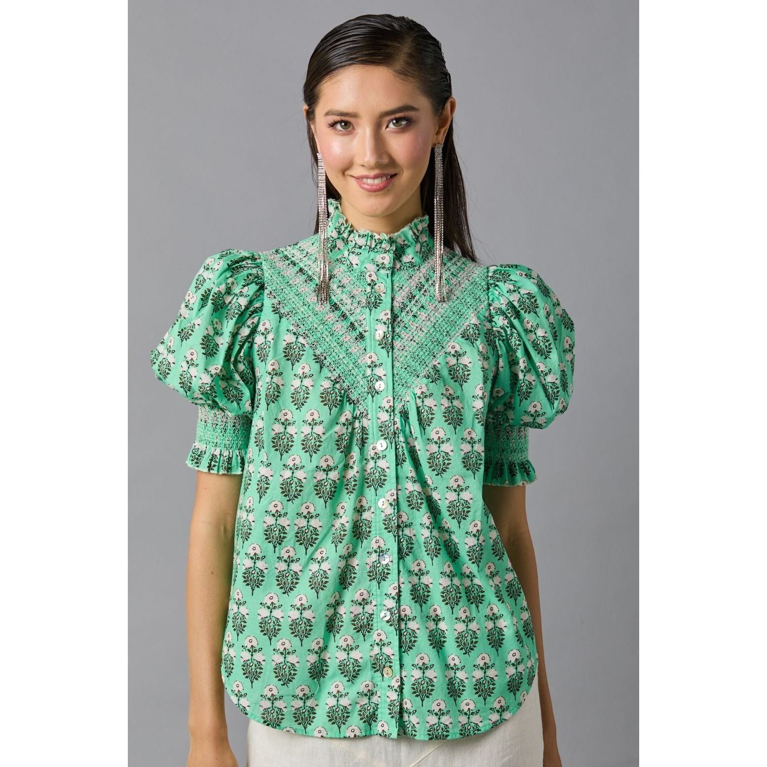 Hope for Flowers Smocked Shirt Jade Woodblock