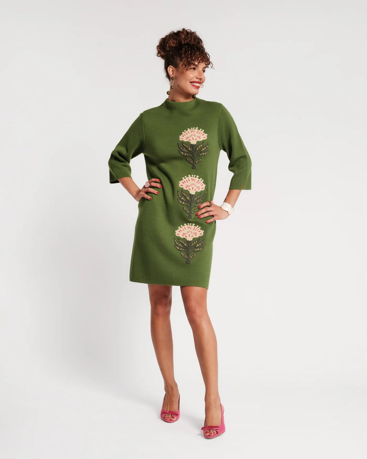 Annie Dress Heirloom Floral Merino Wool Blend Green/Multi Frances Valentine