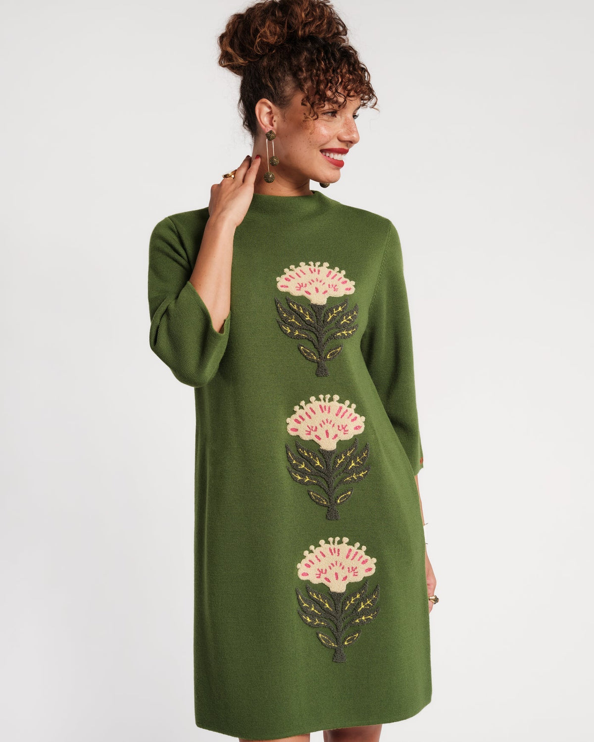 Annie Dress Heirloom Floral Merino Wool Blend Green/Multi Frances Valentine