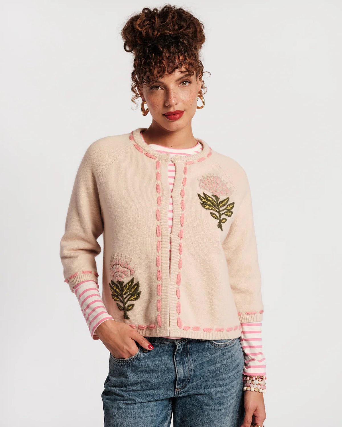Border Flower Cardigan Heirloom Floral Wool/Cashmere Oyster/Multi Frances Valentine