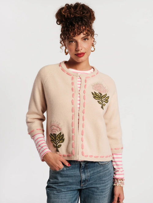 Border Flower Cardigan Heirloom Floral Wool/Cashmere Oyster/Multi Frances Valentine