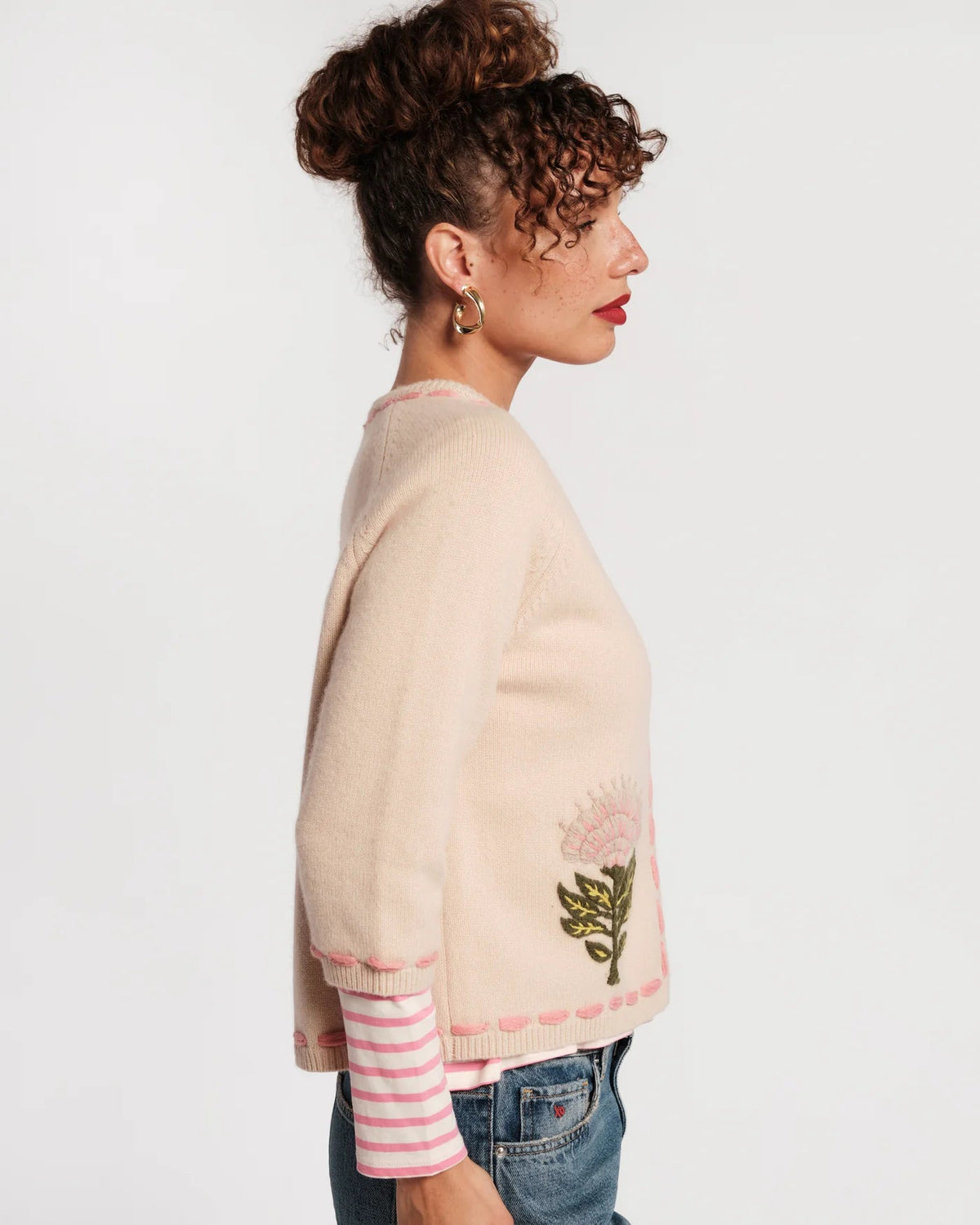 Border Flower Cardigan Heirloom Floral Wool/Cashmere Oyster/Multi Frances Valentine