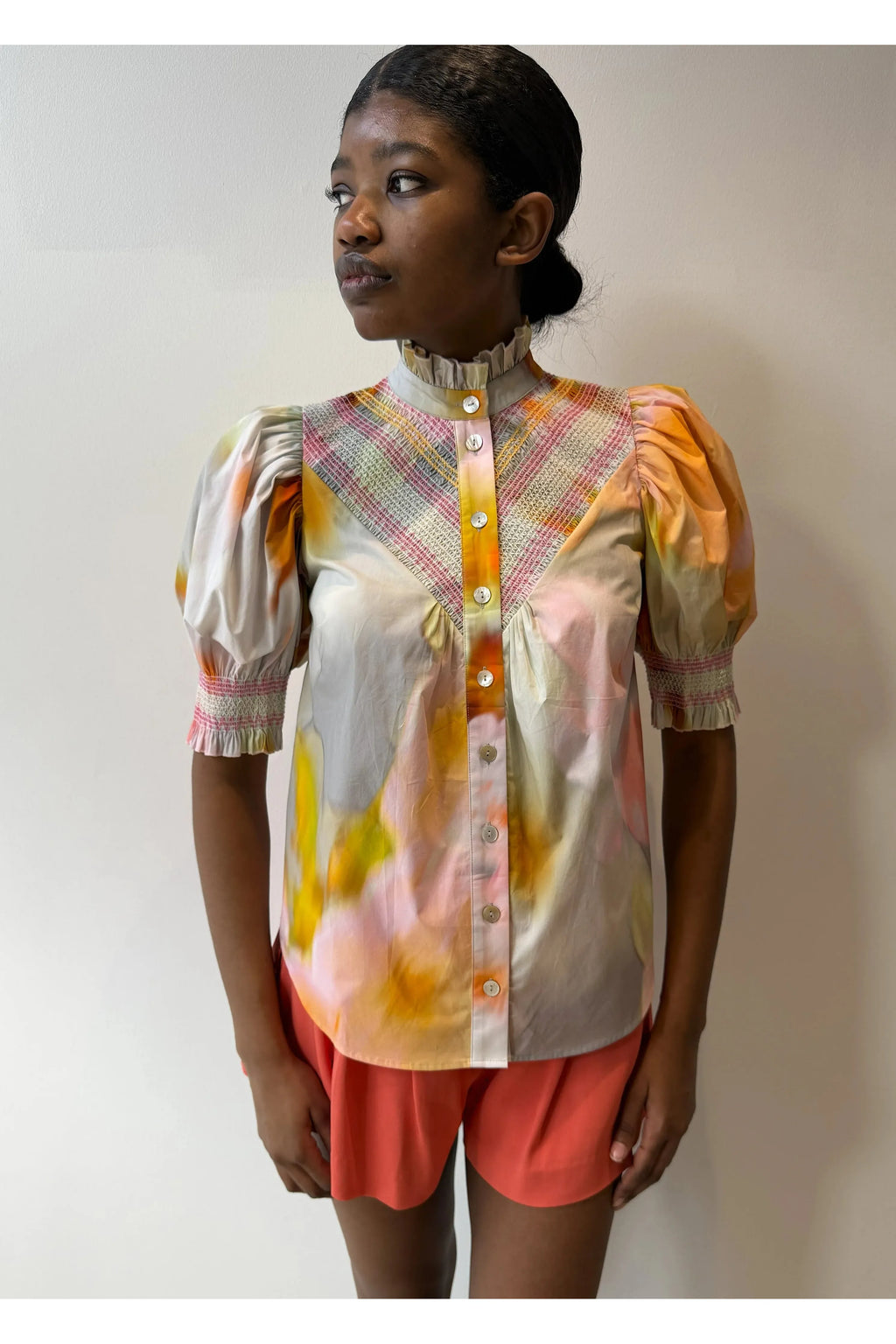 Short Sleeve Smocked Shirt (Diffused Floral) Hope for Flowers by Tracy Reece