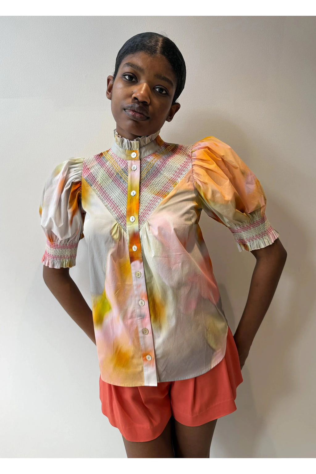 Short Sleeve Smocked Shirt (Diffused Floral) Hope for Flowers by Tracy Reece