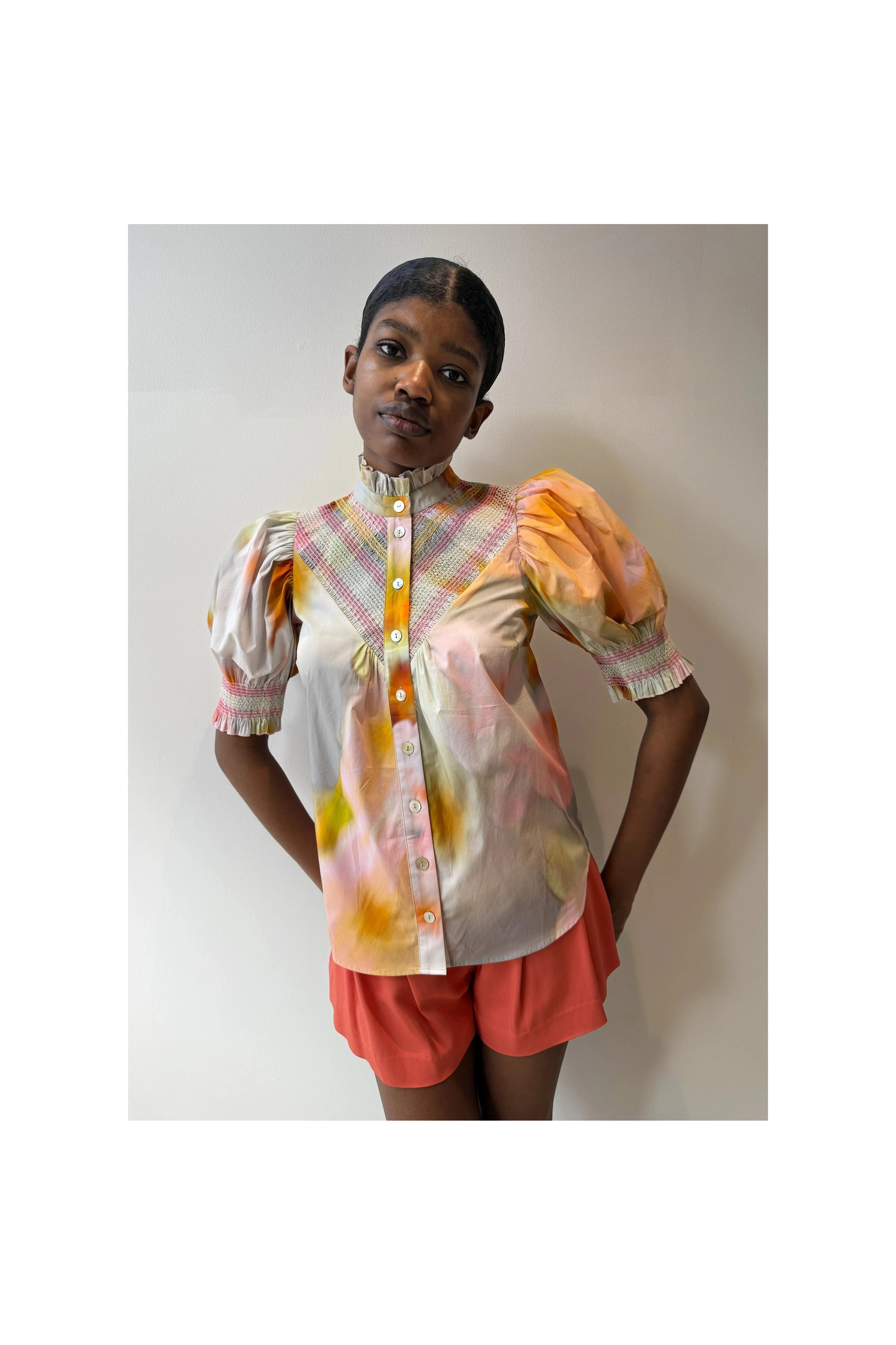 Short Sleeve Smocked Shirt (Diffused Floral) Hope for Flowers by Tracy Reece