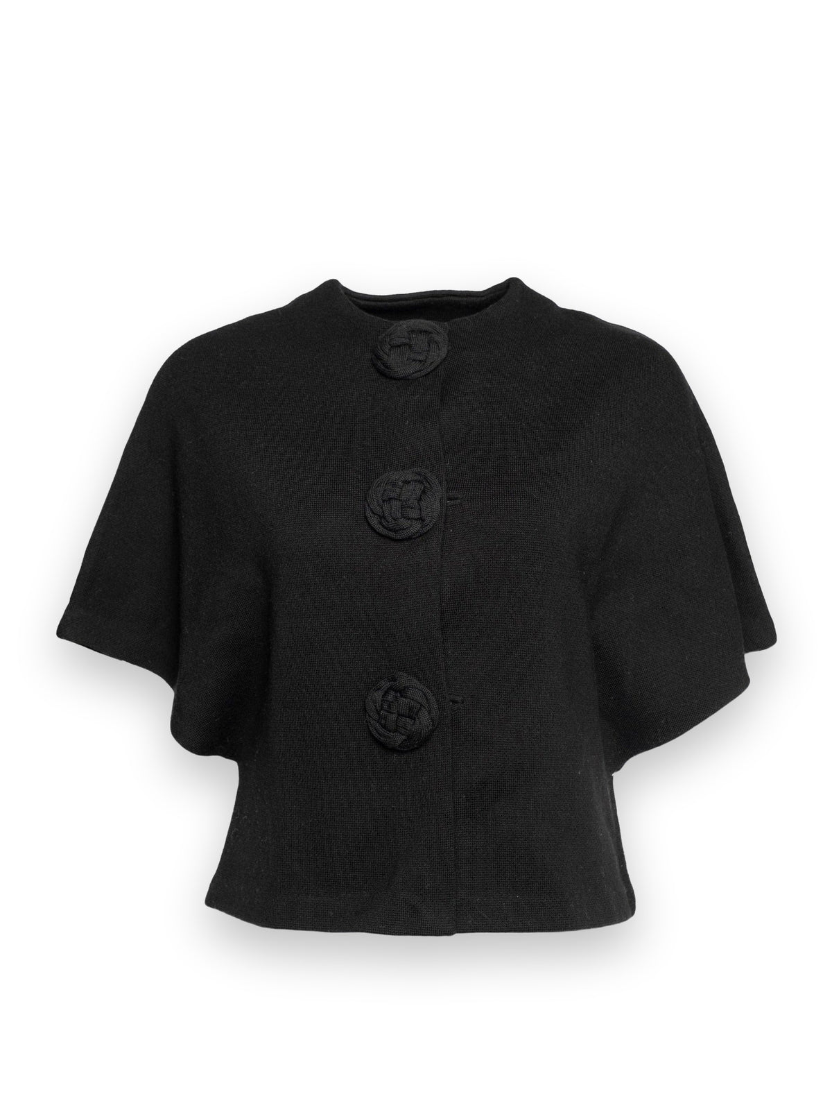 Carnegie Shrug Solid w/Floral Button 100% Merino Wool Black Frances Valentine