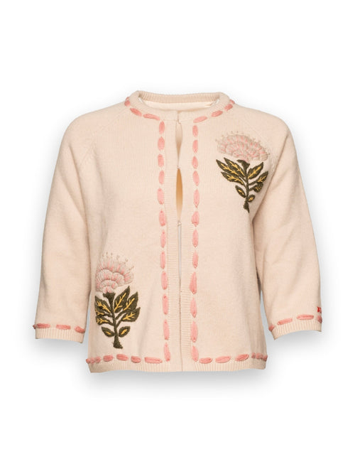 Border Flower Cardigan Heirloom Floral Wool/Cashmere Oyster/Multi Frances Valentine