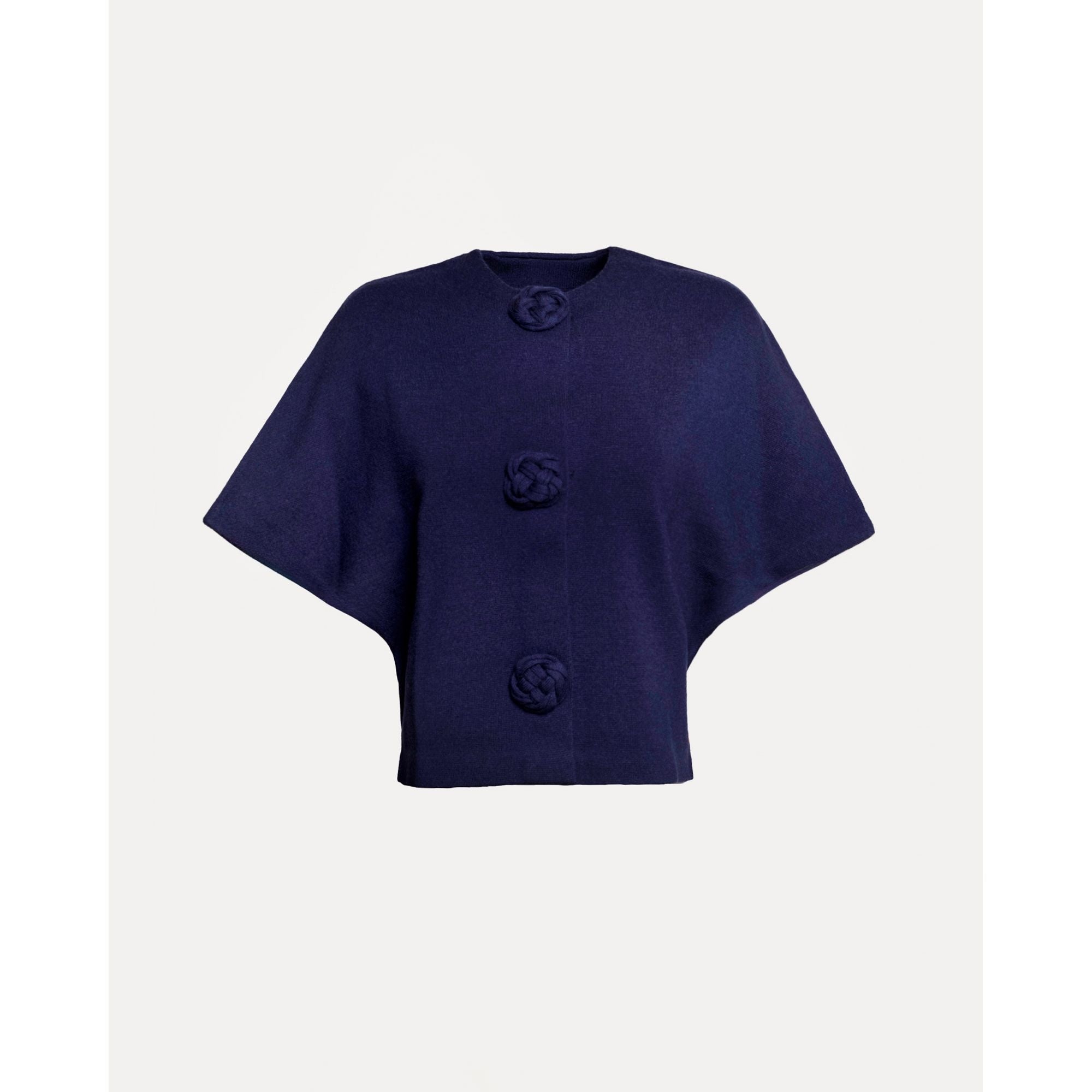 Carnegie Shrug Solid w/Floral Button 100% Merino Wool Navy