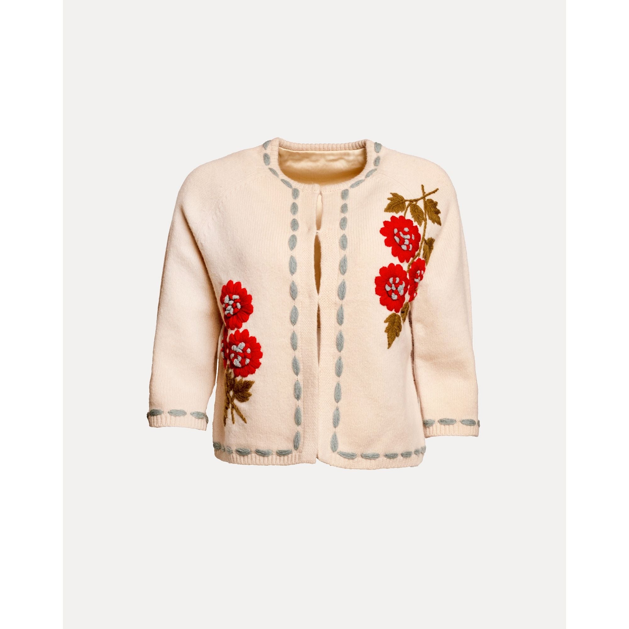 Blanket Stitch Border Cardi Coat Floating Floral 100% Lambswool Natural/Red/Light Blue