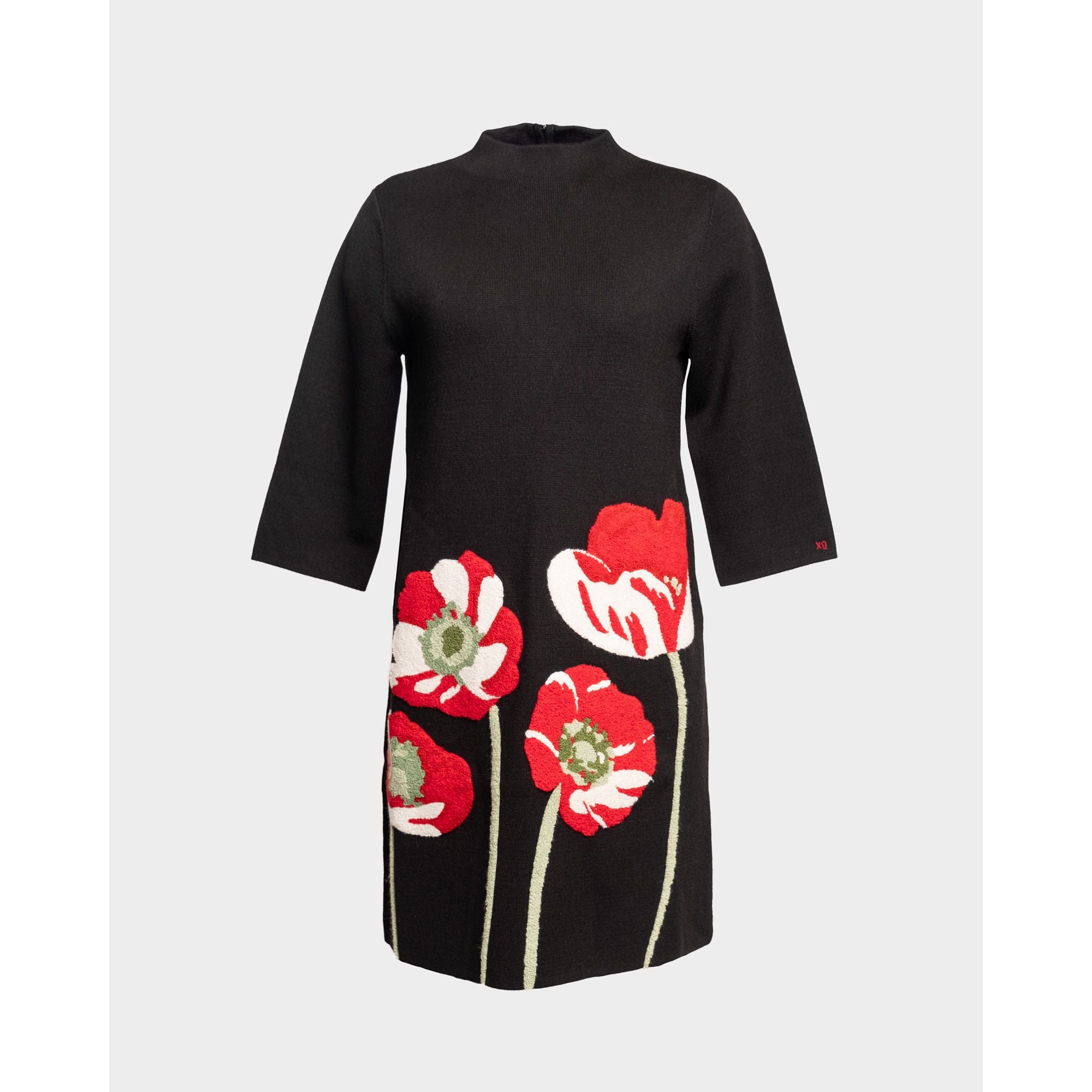Annie Dress w/Embroidered Flowers Paradise Poppy Wool Blend Black/Red/Multi
