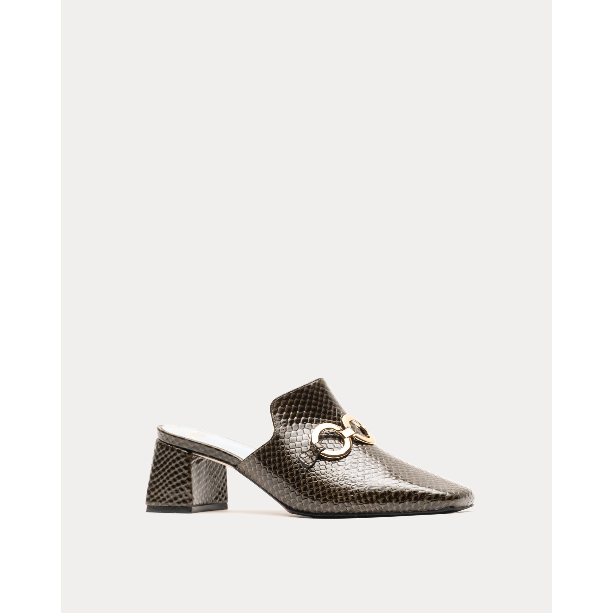 Natty Mule w/Heel Snake Emboss Leather Olive